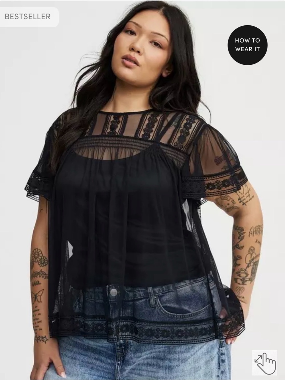 torrid Black Sheer Lace Yoke Flutter Sleeve Blouse